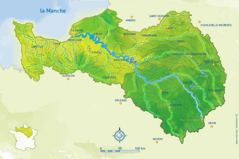 carte du bassin Seine-Normandie en vert 