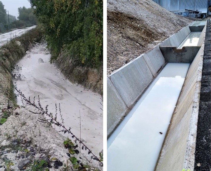 fosse à gauche et canal avec eaux chargées en craie à droite