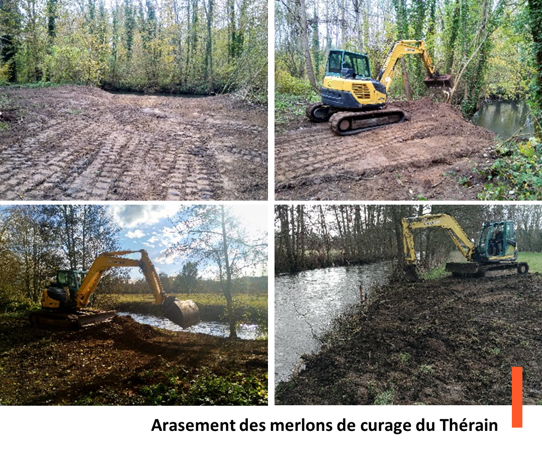 groupement de 4 photographies de travaux sur la rivière THERAIN 