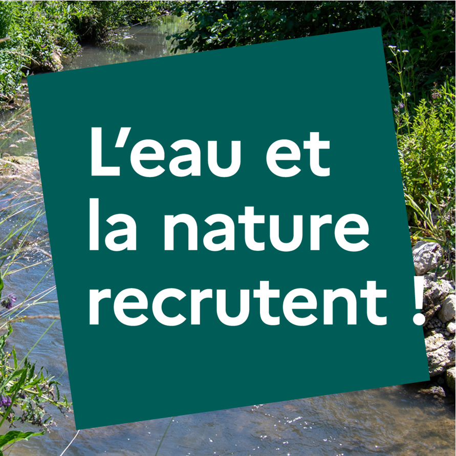 Texte écrit " L'eau et la nature recrutent sur une photo de rivière 