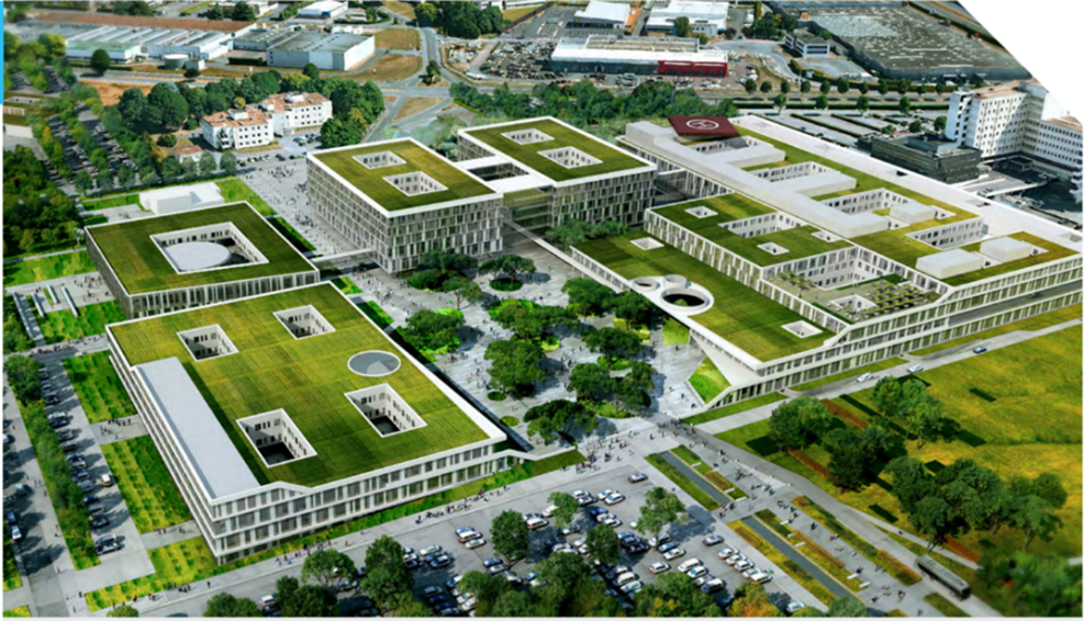 dessin en vue d edessus du CHRU de Caen après travaux